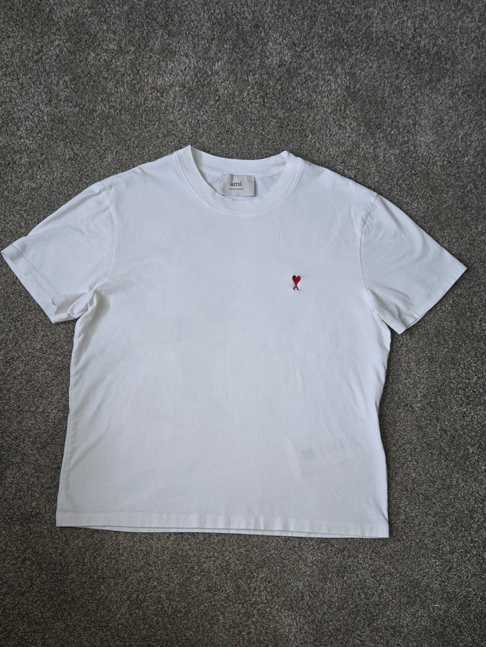 ami White Crewneck T-Shirt with Small Red Heart Emblem